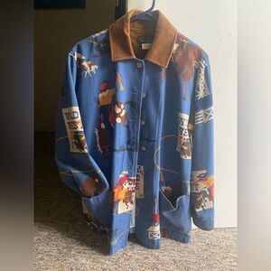 Vintage Wild West Denim Blue Horses Button Down/up with Corduroy Collar